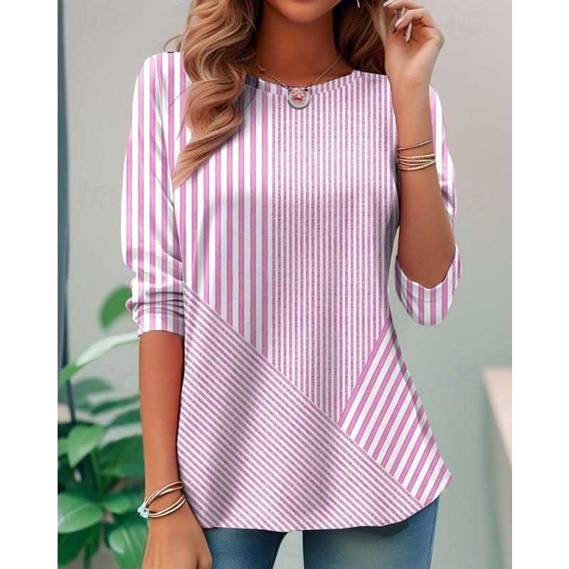 Women's Casual T-shirt 3D Printed Striped Print Round Neck Retro Elegant Long Sleeves Women's Fashion Pullover Long Sleeve Tops