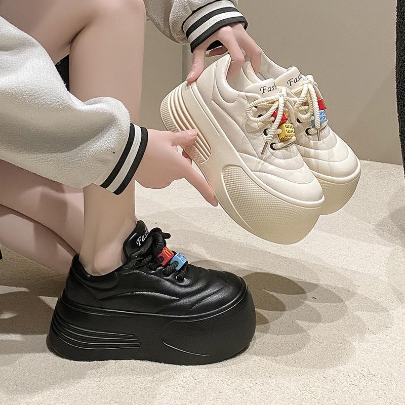 Fashion 7CM Spring Women Chunky Leather Sneakers High Platform Female Trainers Wedge Casual Shoes New Autumn Lace-up Sports Shoes Woman