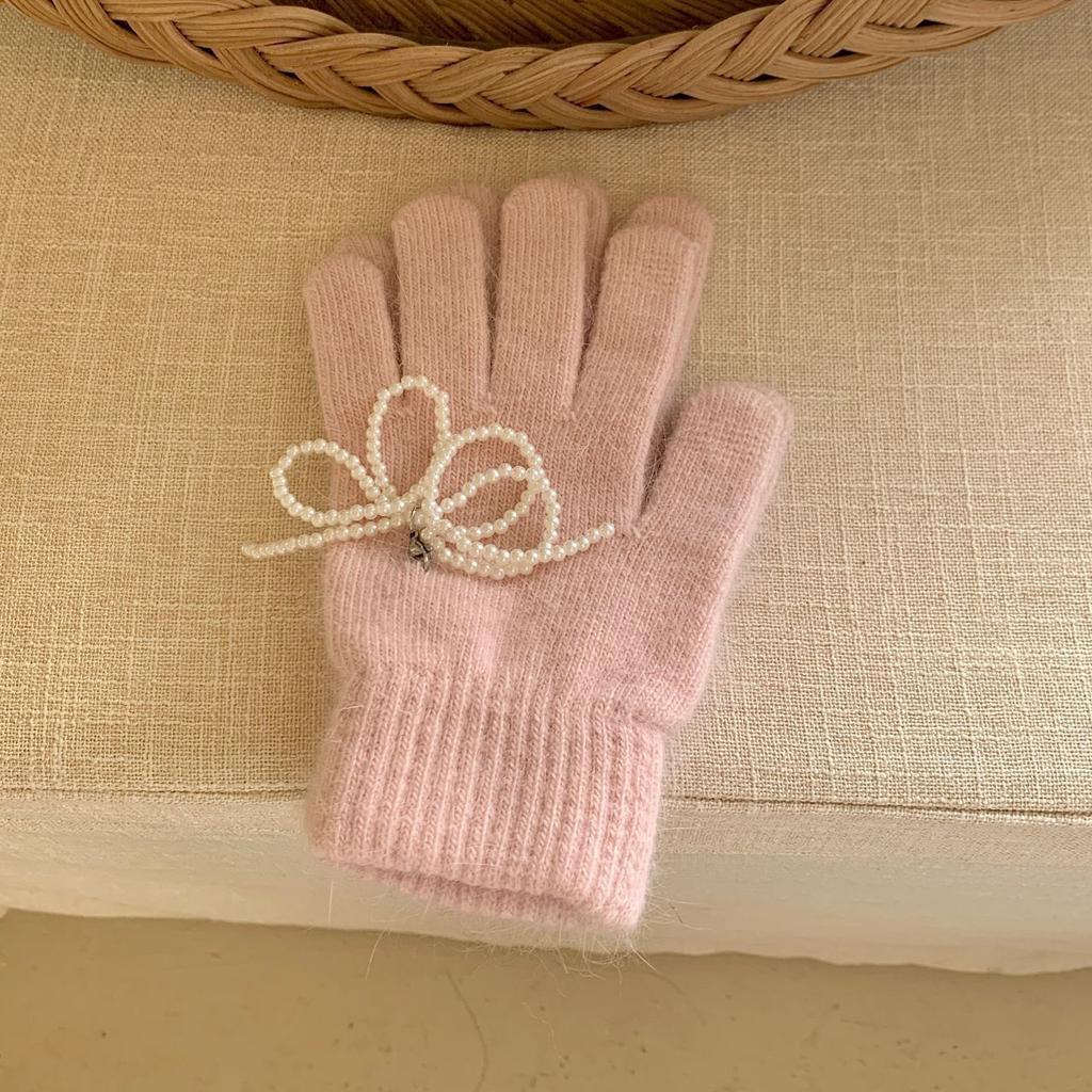 Autumn new Korean rabbit fur solid color cute pearl bow knitted wool finger gloves