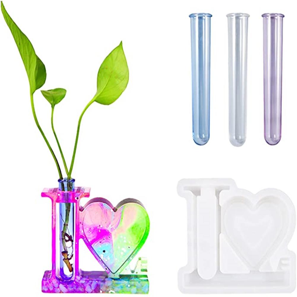Diy Silicone  Mold Love-shaped Photo Frame Flower Arrangement Device Desktop Decoration Epoxy Resin Die (including 3 Transparent Test Tubes)
