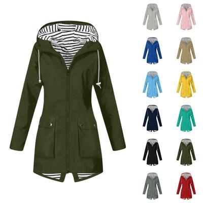 Women Solid Stripe Rain Jacket Outdoor Plus Waterproof Hooded Raincoat Windproof