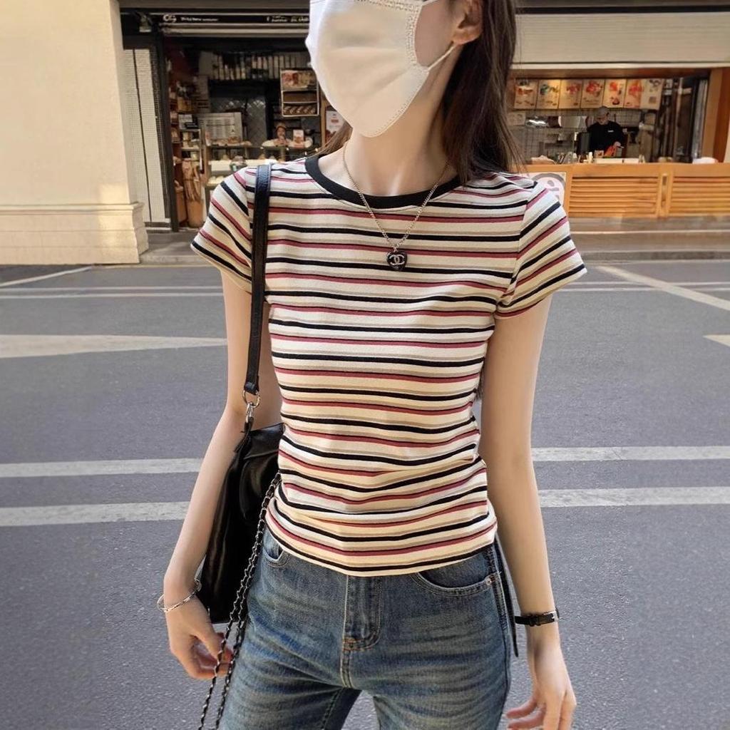Women's Korean-Style Retro Color Block Striped Short Sleeve T-Shirt - Unique and Trendy Summer Top