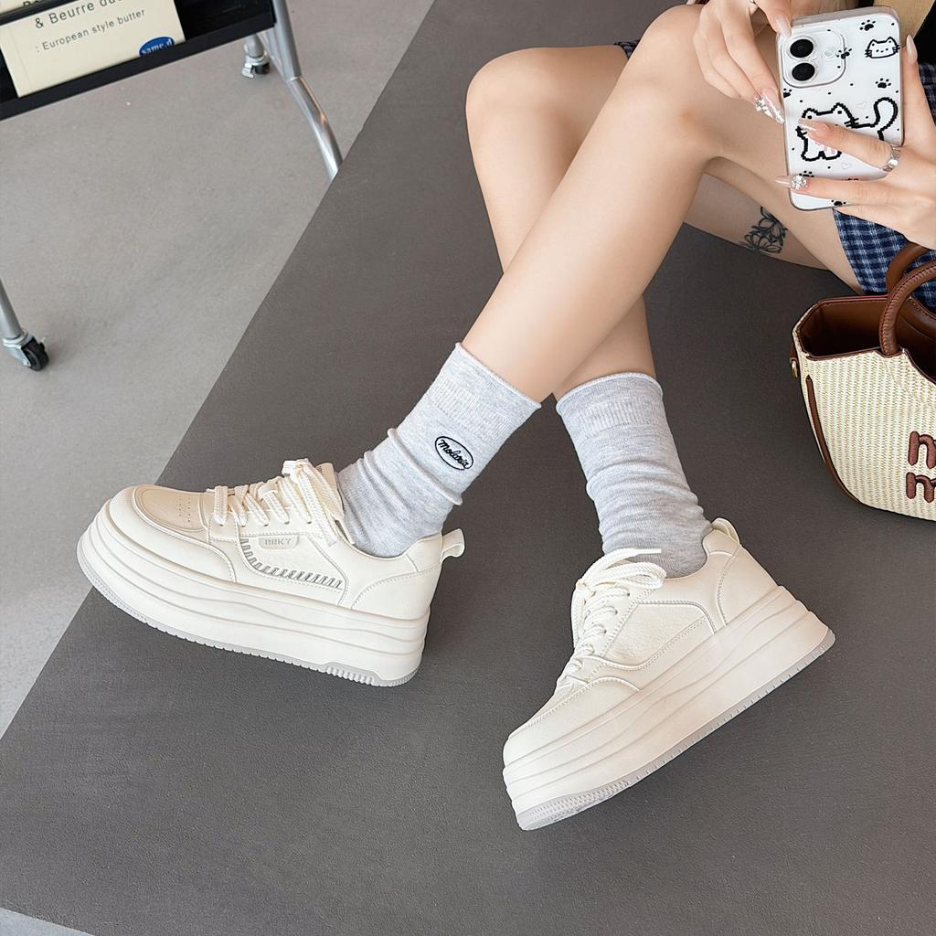 Thick-soled heightening lace-up board shoes women's new high-end versatile leather casual sports shoes