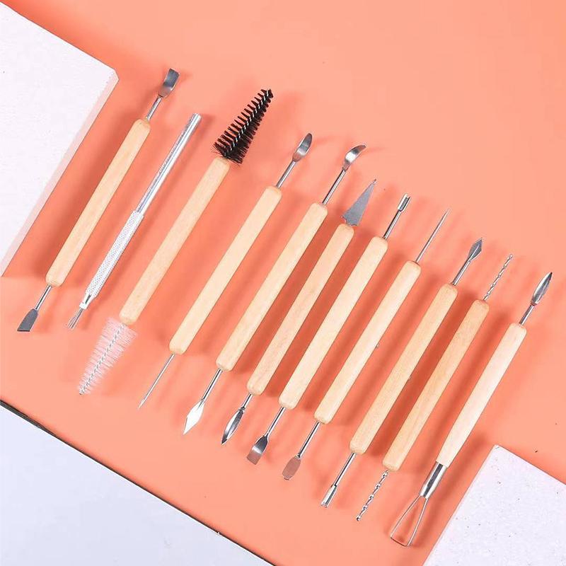 Set de instrumente de modelat pentru sculptură din argilă ceramică 11 buc, set de instrumente pentru sculptură din argilă polimerică ceramică cu două fețe, cu mâner neted din lemn