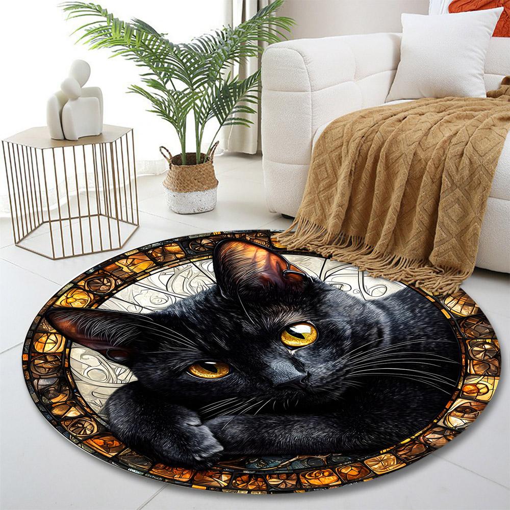 "Black Cat with Golden Eyes Design" Print round rug, living room, bedroom, playroom carpet, non slip floor mat, gift