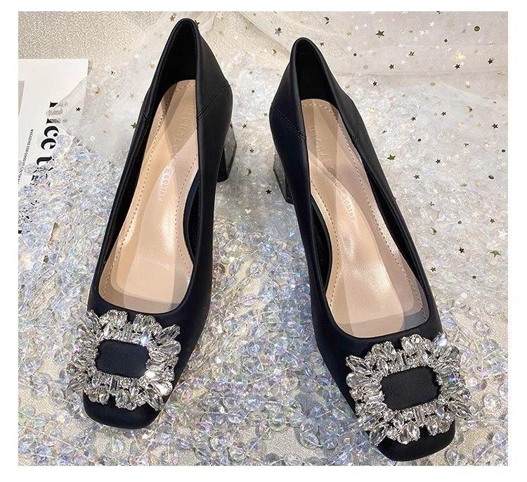 

French beige high heels women s 2025 spring and summer new soft leather commuting square head thick heel rhinestone temperament single shoes 34