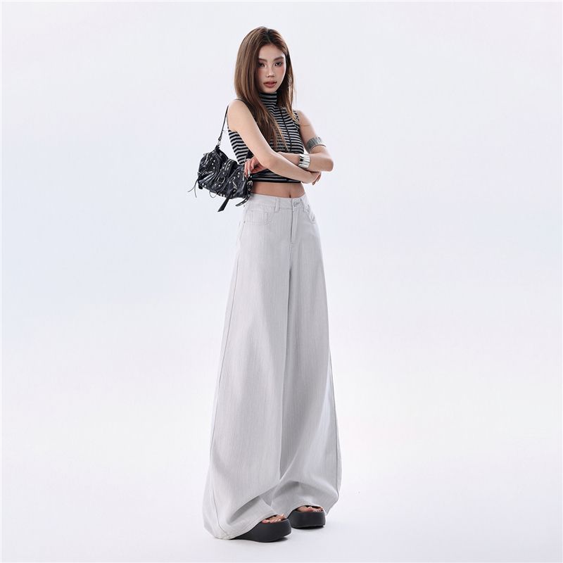 Spring Summer Thin Linen Cotton Textured Cool Old Money Drape Relaxed Wide Leg Casual Denim Pants For Women Casual Pants Oversize Denim Trousers