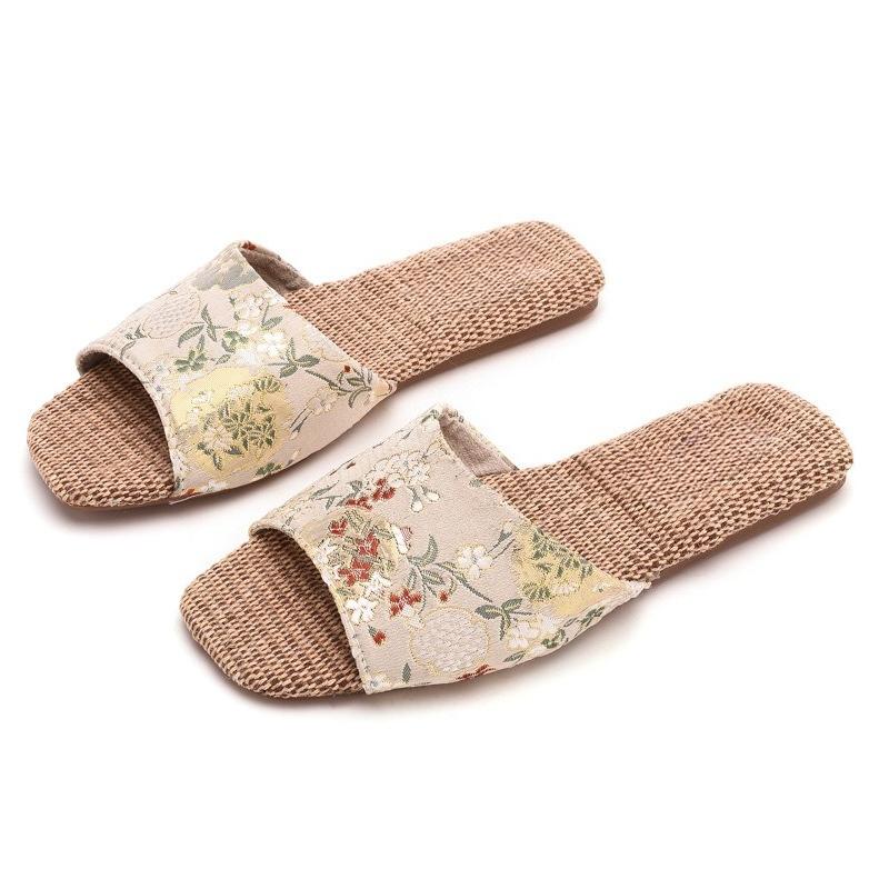 Fashion Breathable Indoor Linen Slippers For Women Men Home Floor Shoes Chinese Style Emrobidery Anti-slip Couples House Bedroom Slides