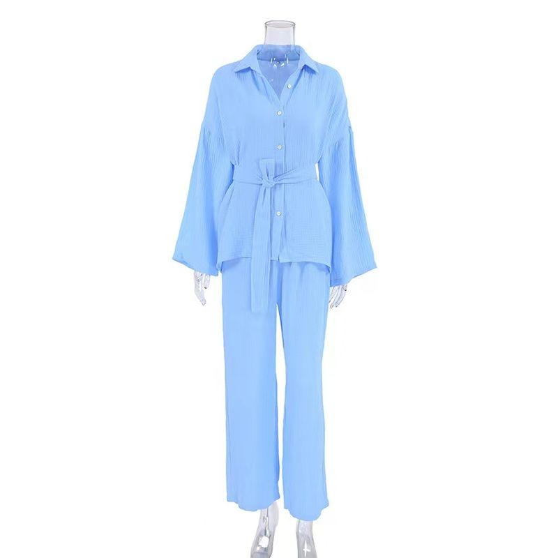 

Fashion Long Sleeves Shirt Pants Loose Fashion Suit Moisture-Wicking Clothing Belt Shirt Long Pants Set Blue M