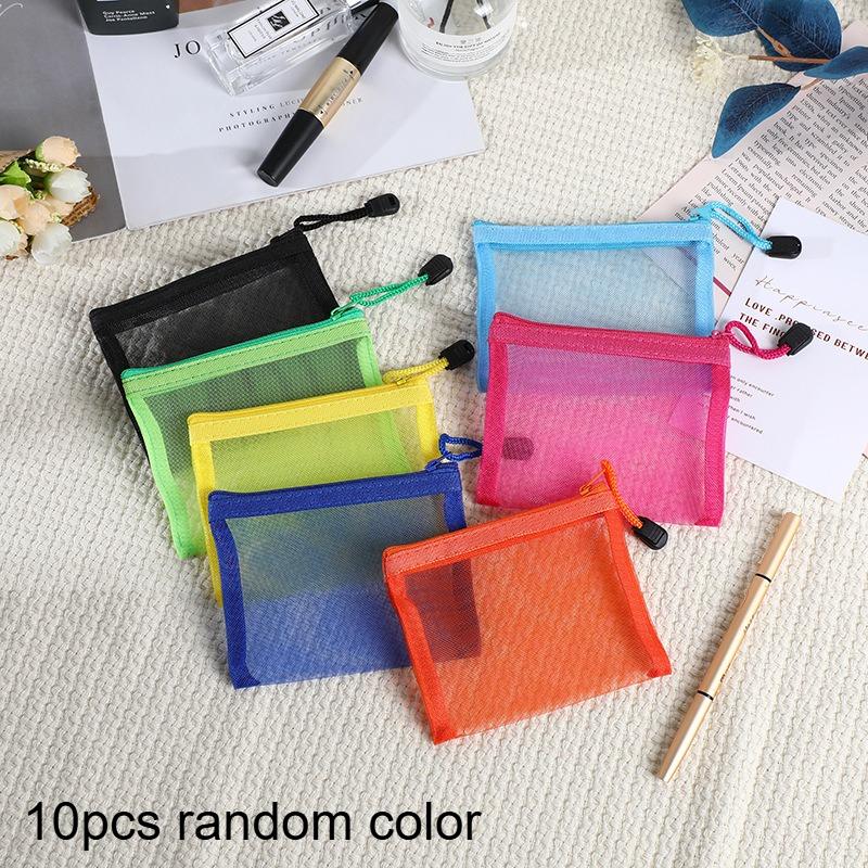 

10pcs Mini Zippered Mesh Bags - Portable Cosmetic & Travel Organizer Pouches with Durable Polyester, Transparent Design