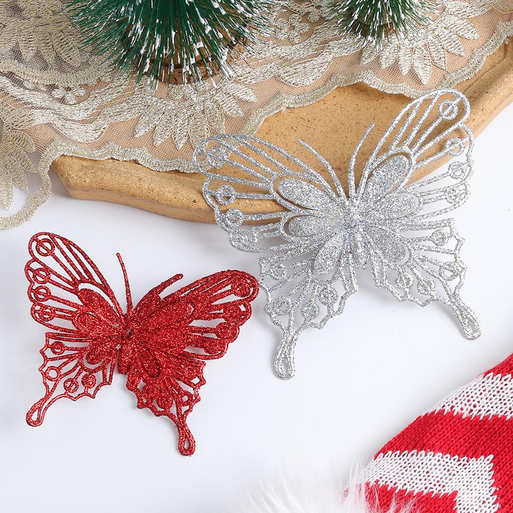 5/10PCS Christmas Butterflies Xmas Tree Ornaments Single Layer Gold Powder Glitter Artificial Flower DIY Crafts Christmas Decor