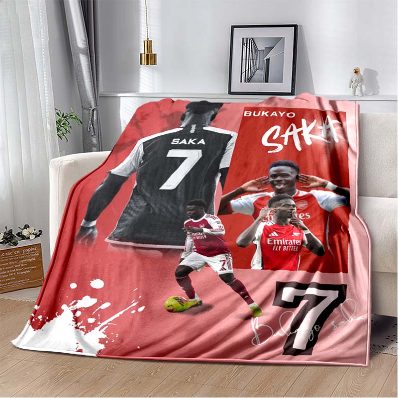 Bukayo Saka Football Fleece Blanket, Soccer Player Saka Red Background Print Throw Blanket, Soft Warm Blanket for Sofa Bedroom Fan Decor