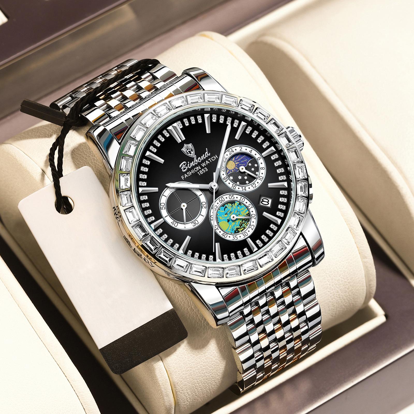 BINBOND Men s Quartz Watch with Solid Steel Band, Moon Phase, Luminous Dial, and Waterproof Features