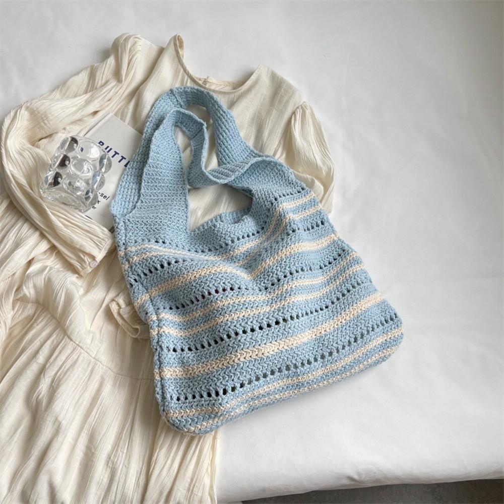 Striped Pattern Woven Shoulder Bag Bohemian Hollow Out Beach Bag New Knitted Tote Bag  Versatile