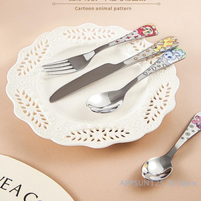 1/4pcs Stainless Steel Kids Cutlery Cartoon Pattern Carving Child Tableware Cute Knife Spoon Fork Set Baby Flatware Feeding