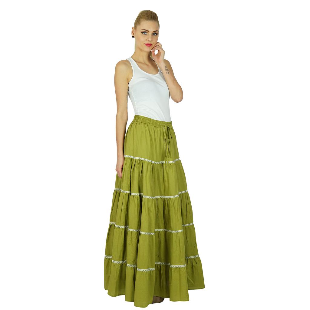 Bimba Damen Langer ausgestellter Baumwollrock Boho Maxi Unterteil Elastische Taille