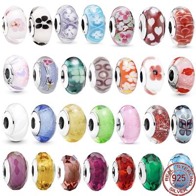 925 Sterling Silver Round Blue Green Pink & Four Clover Murano Glass Charm Beads Fit Original Fasion Bracelet Women Jewelry