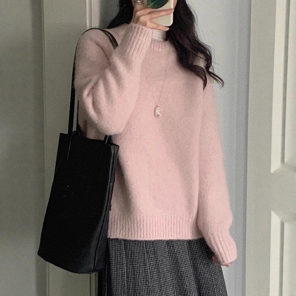 Pink Wool Knit Sweater: Women’s Loose, Soft, Long Sleeve Pullover - Simple, Sweet, and Trendy.