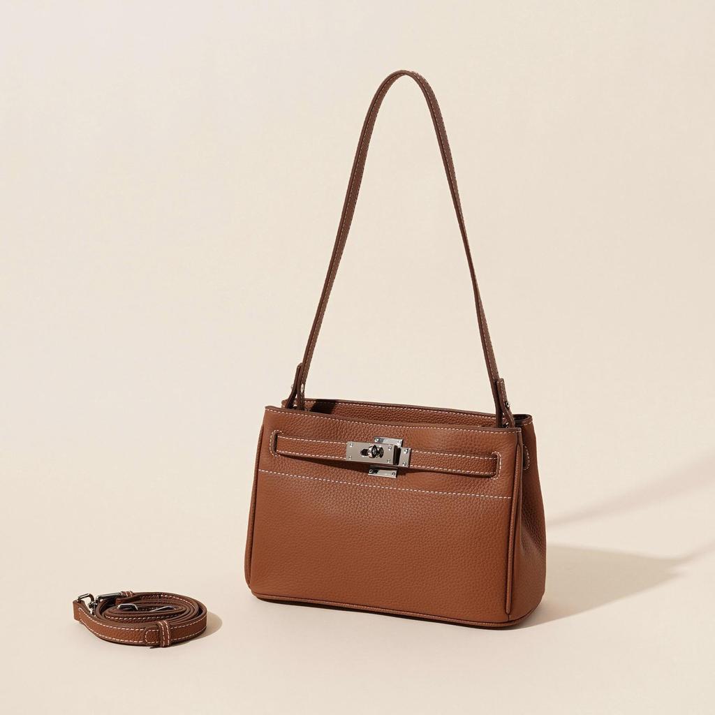 Top-layer Cowhide High-end Fashion Sheepskin Bag Retro Lock Decoration Underarm Real Leather Single Shoulder Bag Handheld Tote Bag