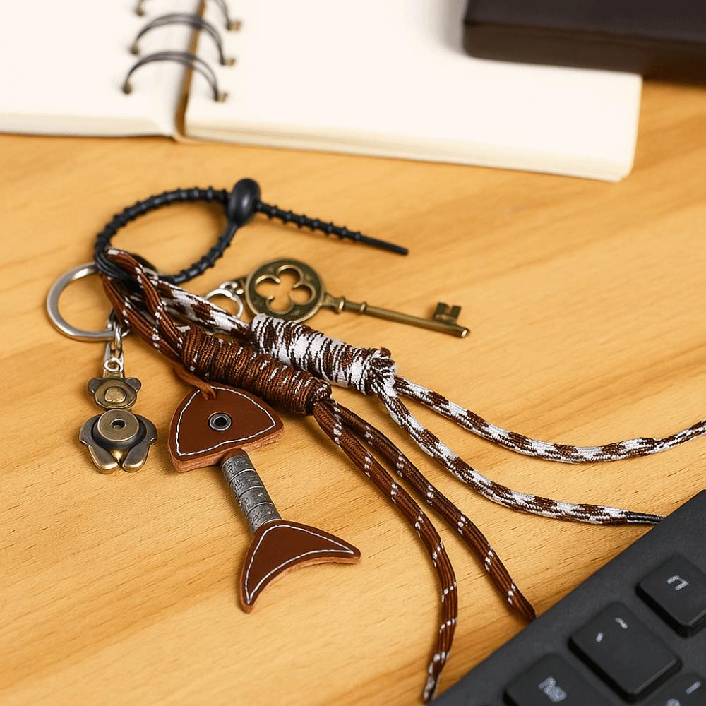 Bag Hanging Leather Fishbone Keychain Handmade Woven Ropes Keyring  Jewelry Accessories