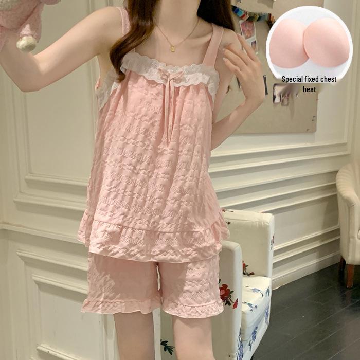 

Summer 2026 Sweet Princess Woven Cloud Cotton Pajama Set for Women with Chest Pads Medium