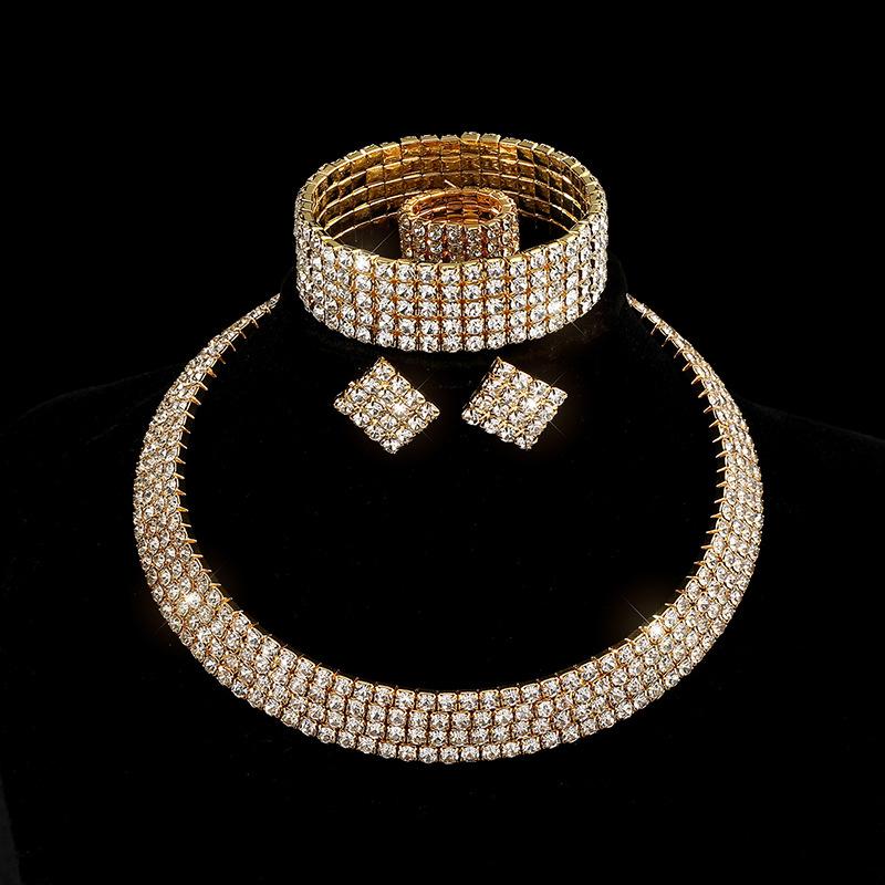 New Fashion Necklace Earrings Ring Bracelet Four-piece Set, Full Diamond Three-Row Collar Bridal Suit Women