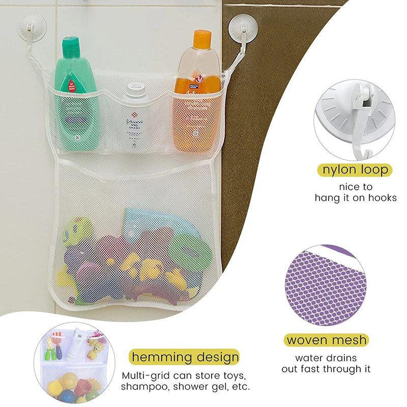 Strong Suction Cups White Toy Storage Mesh Bag for Baby Kids Bath Toys Bathroom Organizer