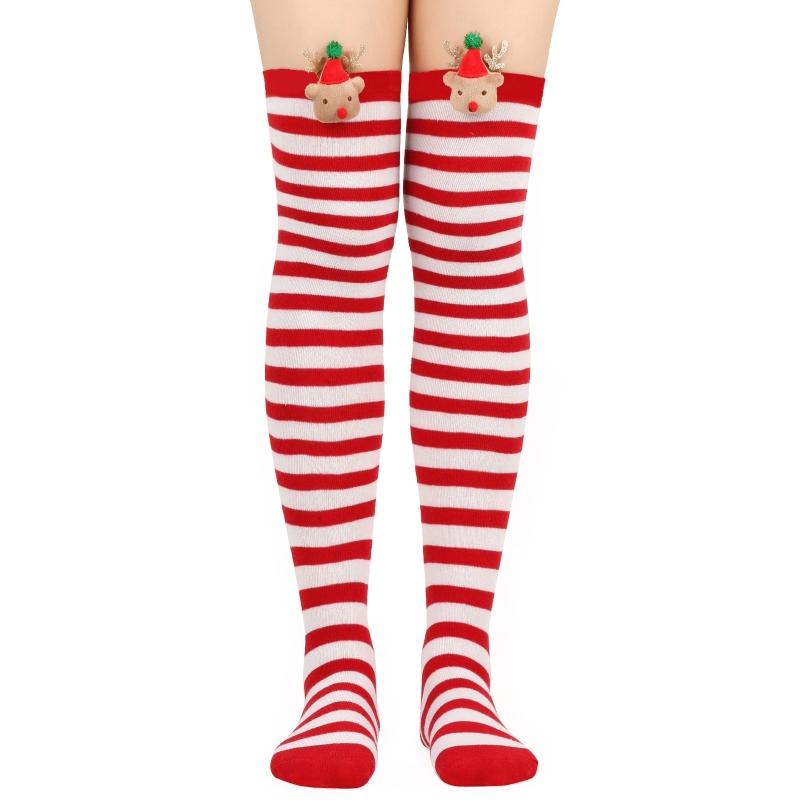 Women Christmas Over Knee Long Socks Cartoon 3D Elk Bowknot Striped Print Thigh High Stockings Holiday Party Hosiery