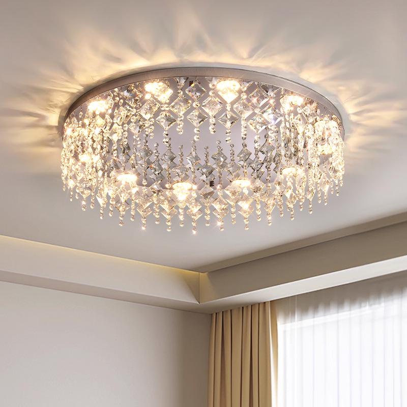 Luxurious French Crystal Ceiling Lamp - High-End Stainless Steel Round Fixture for Living Room or Master Bedroom.