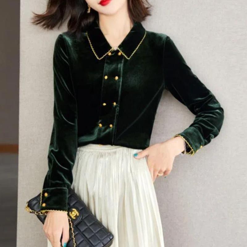 

French Style Fashion Elegant Sping Velvet Shirts Women Solid Polo-Neck Single Breasted Temperament Chic Loose Long Sleeve Tops S