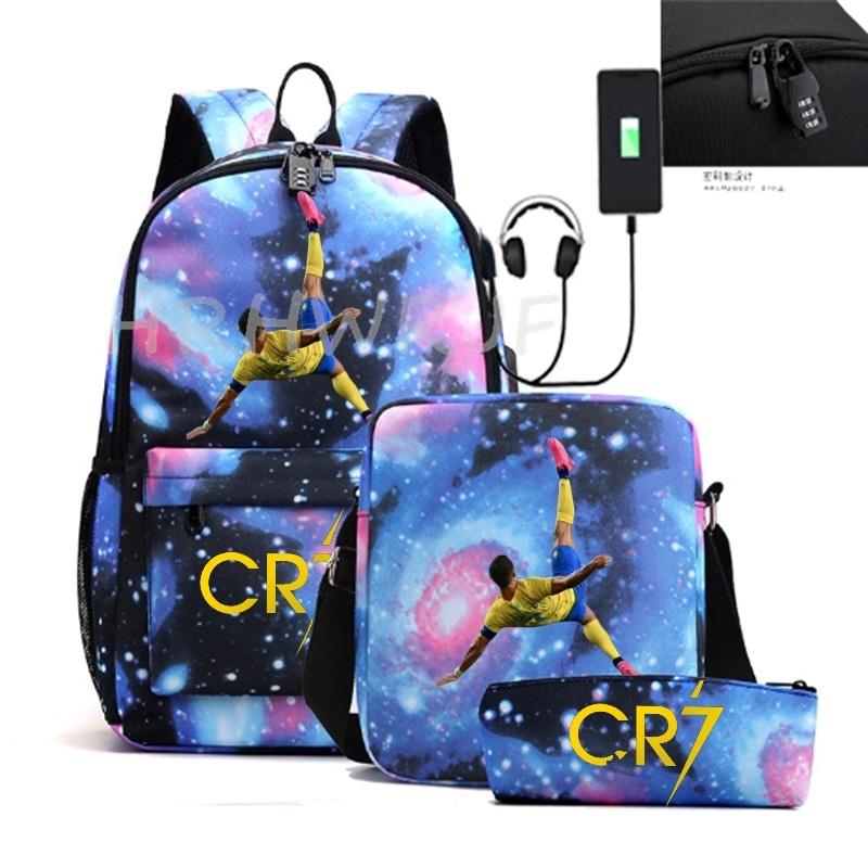Sports Casual CR7 Backpacks 3pcs Simple Lightweight Capacity Teens Laptop School Bags Women Men Travel USB An-ti Lock Mochilas