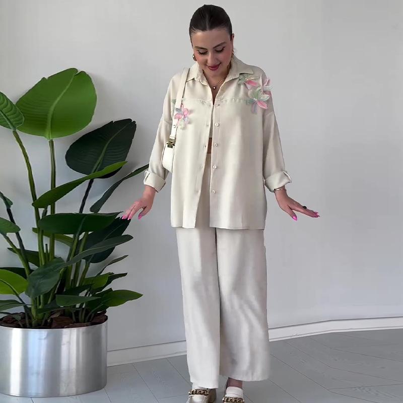 2023 Autumn Women's Solid Color Fashion Applique Shirt and Casual Pants Set