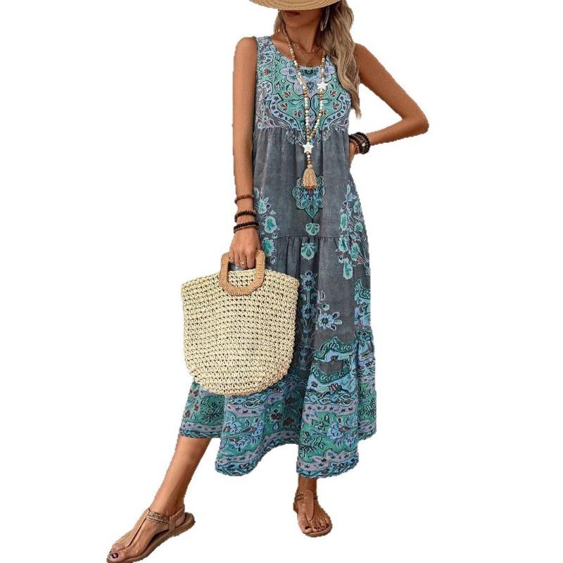 Printed Sleeveless V-neck Vest Dress Fashion Vacation Loose A-line Vintage Bohe Dress for Women O Neck Summer Elegant Fashion Casual Simple Clothing