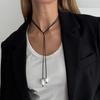 Simple Smudged Resin Beaded Pendant Necklace, Personalized Leather Wax Thread Wrapped Sweater Chain Necklace