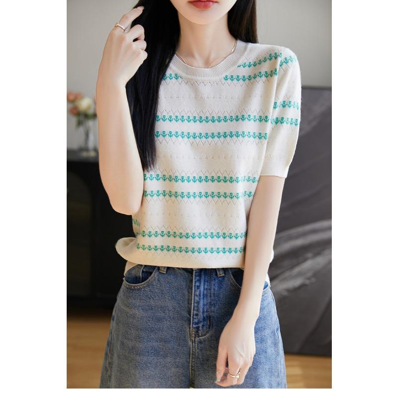 Summer New Round Neck Short-sleeved Sweater Hollow Pullover Fashion Jacquard Top
