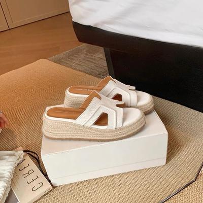 Cowhide Version~ Holiday H-type Hemp Rope Woven Slippers Women's Outer Wear Slope Heel Thick Bottom Beach Cool Slippers Summer