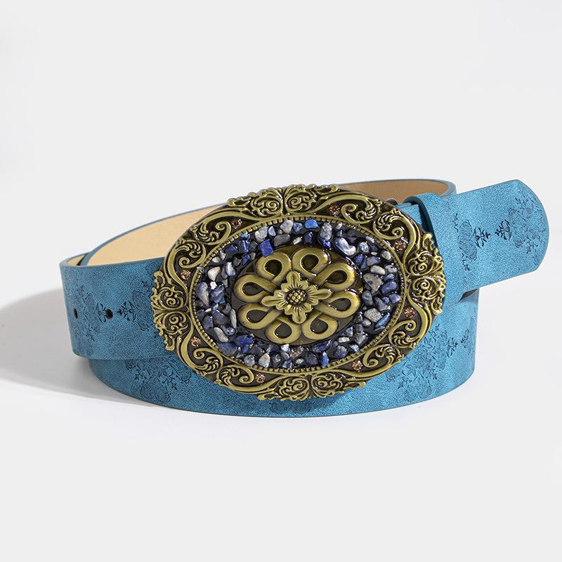 "European and American Women's Retro Turquoise Embossed Belt - Western Style Fashion Accessory"