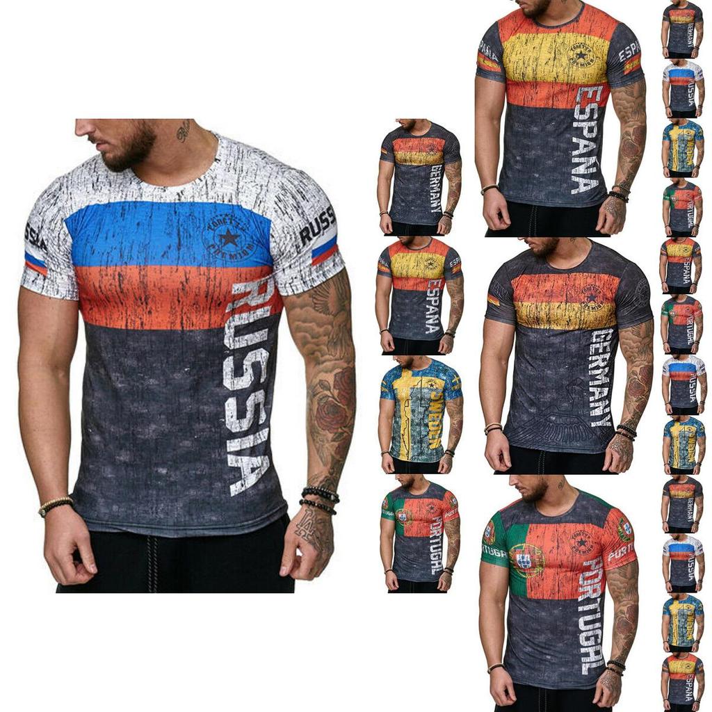 Men's Letter Print Gym T-shirt With Germany Sweden Portugal Russia Design Slim Fit