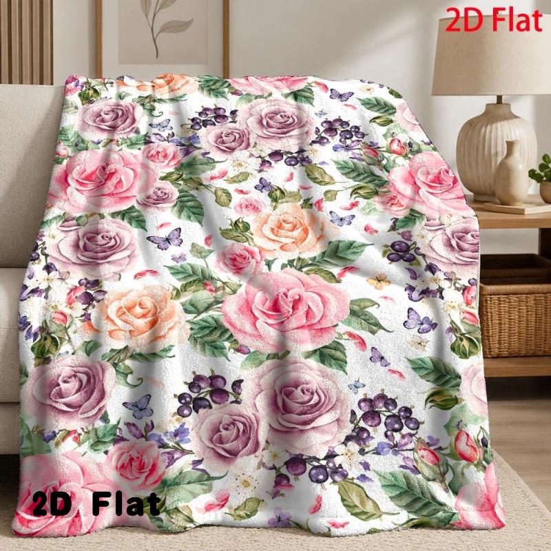 1pc,, Flannel Blanket with Pink Rose And Purple Berry Pattern, Flannel Blanket with Whimsical Watercolor Floral Illustration, Throw Blanket with Soft