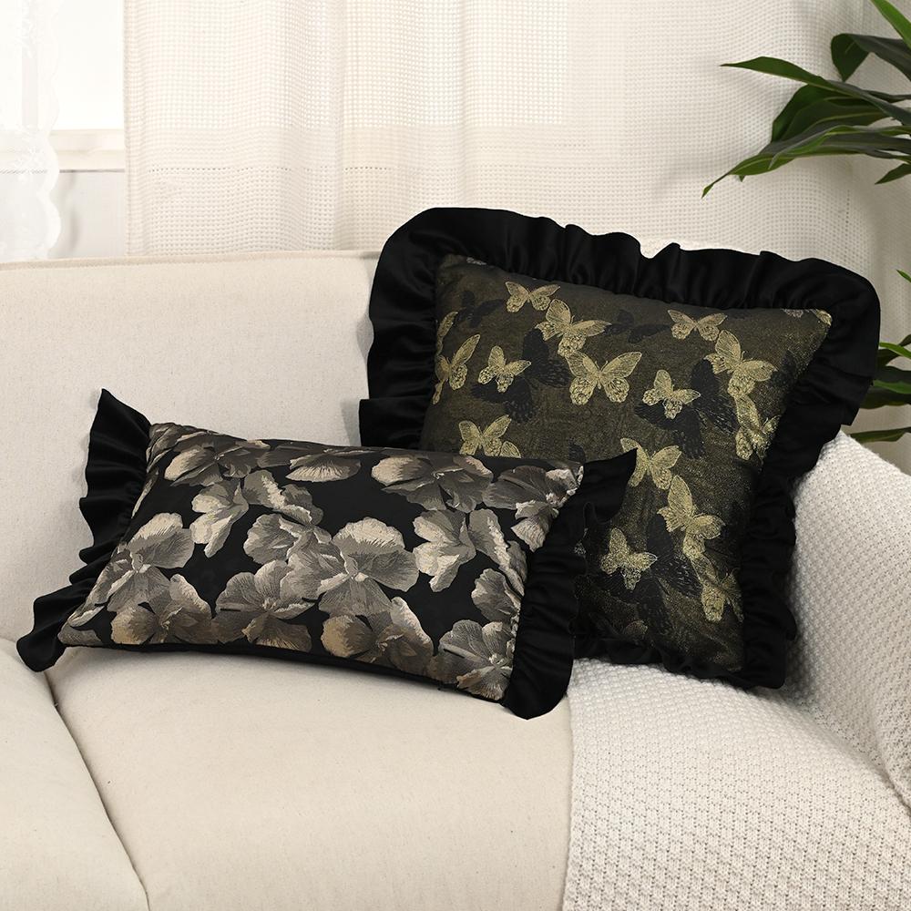 BUYNOW Black Dutch Velvet Colorful Hemp Jacquard Print Pillowcase Vintage Pastoral Lace Sofa Cushion Cover Home Bedroom Decor