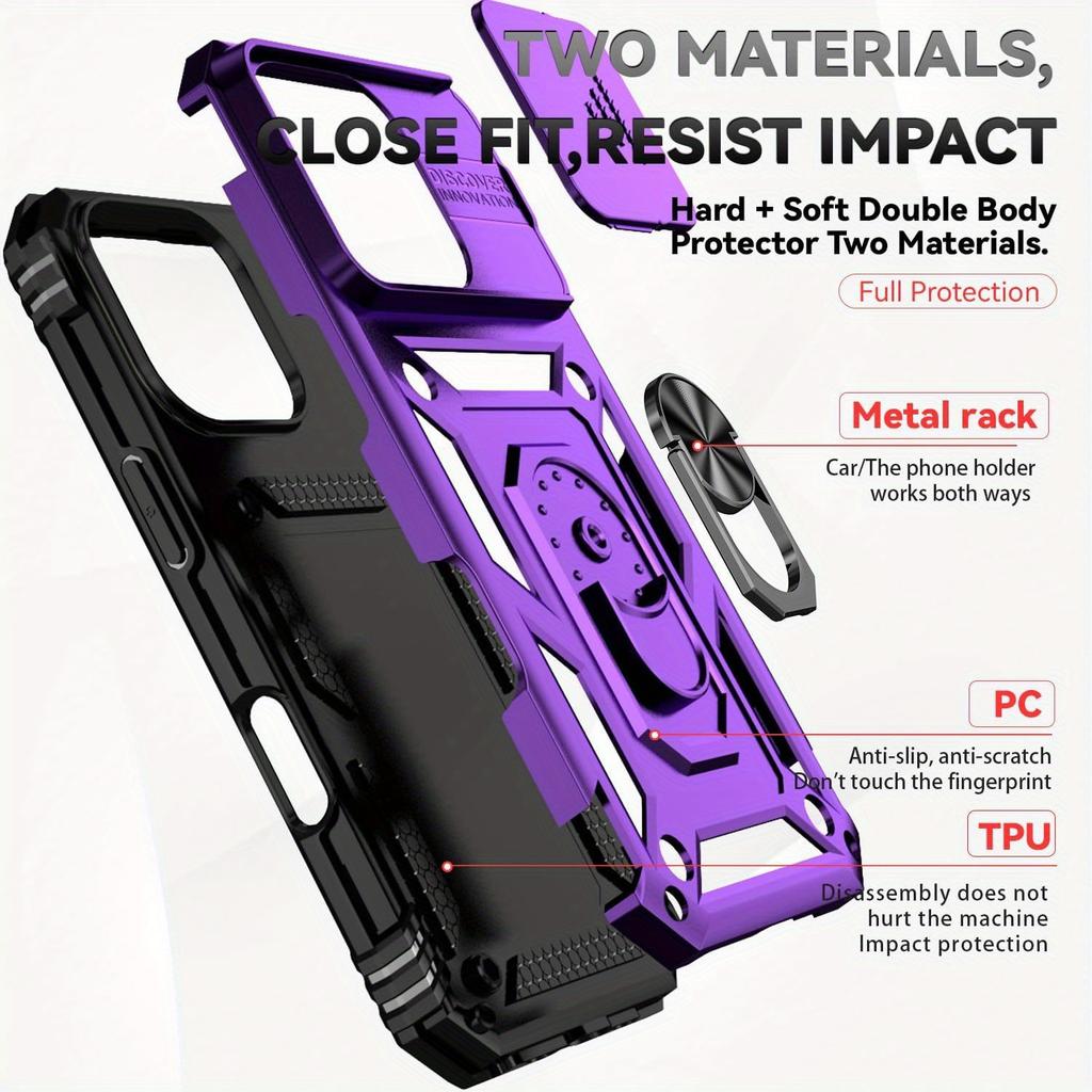 For iPhone 17 16 16e 15 Pro Max 14 Plus 13 12 11 Case Phone Bumper with Clear Tempered Glass Screen Protector Slide Camera Cover Ring Kickstand Holder