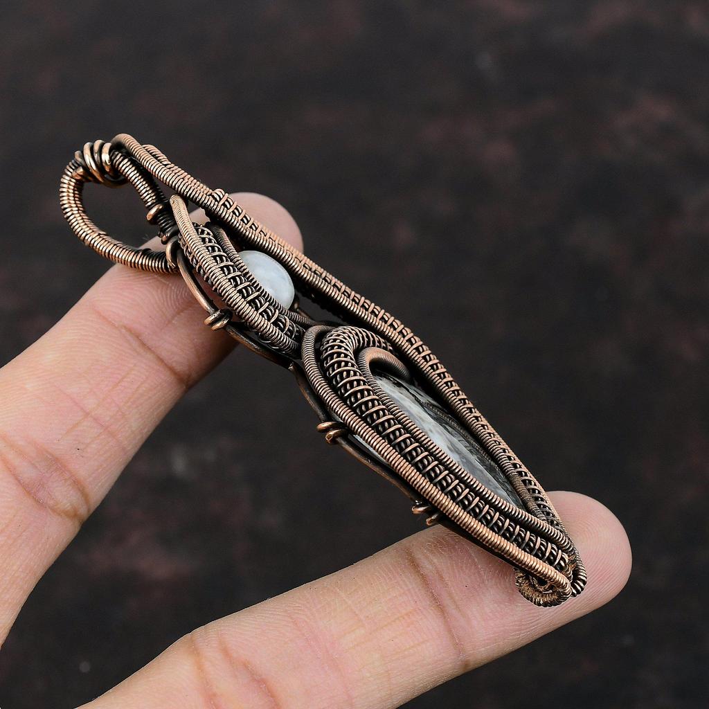 Ortho Fossil Pendant Copper Wire Wrapped Pendant Handmade Brand New Pendant Rainbow Moonstone Pendant Gemstone Pendant Wire Jewelry For Gift