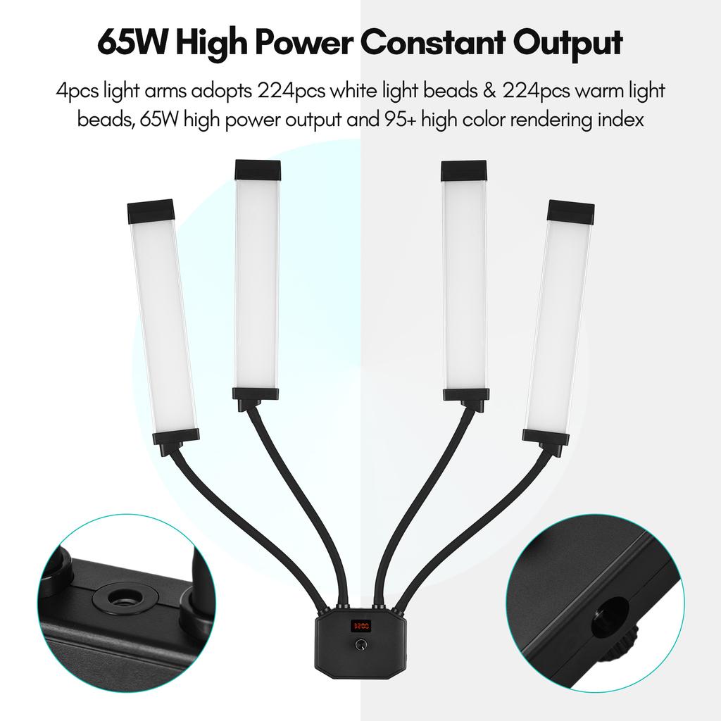 Flexible 4-Arms LED Video Light Photography Fill Light 3200K-5600K Dimmable with Phone Holder +
