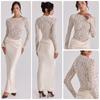 Elegant Lace Satin Dress Long Sleeve Flared Hem Party