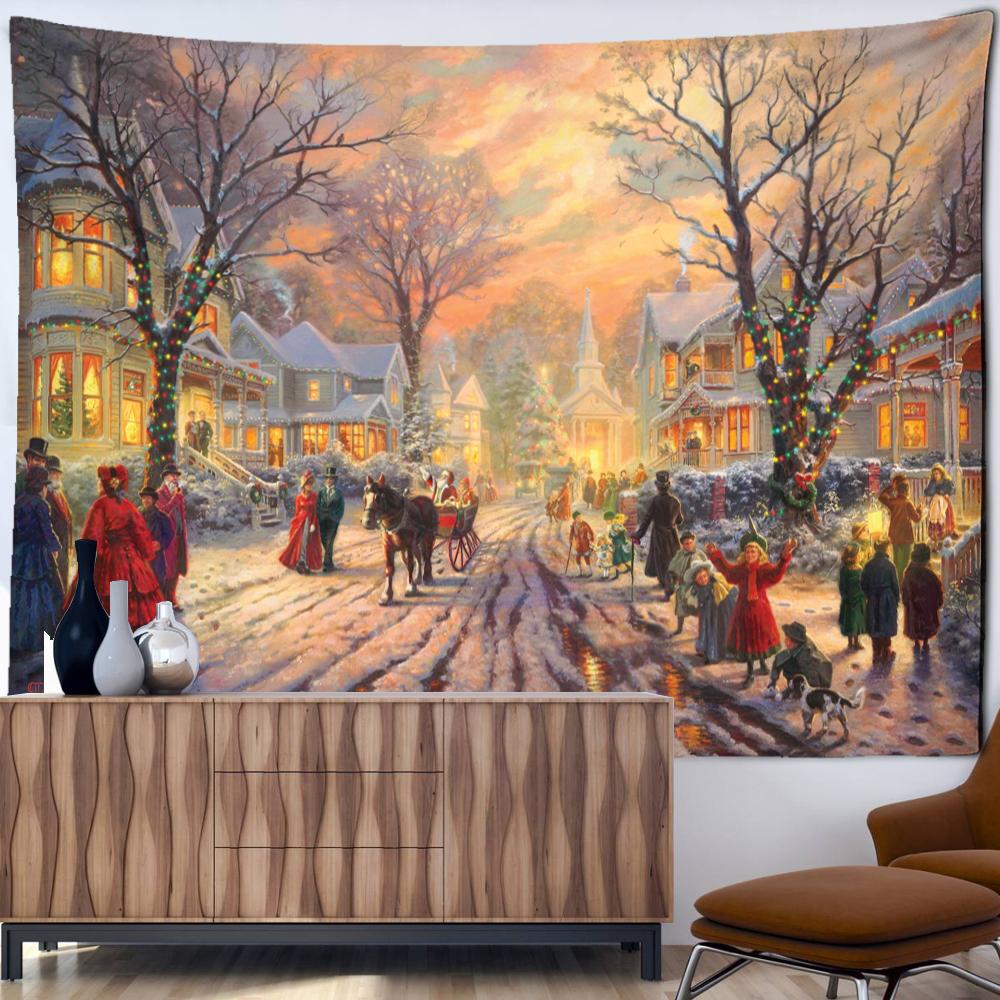 Christmas City Oil Painting Tapestry Wall Hanging Bohemian Hippie Tapez Christmas Festival Art Bedroom Living Room Home Decor