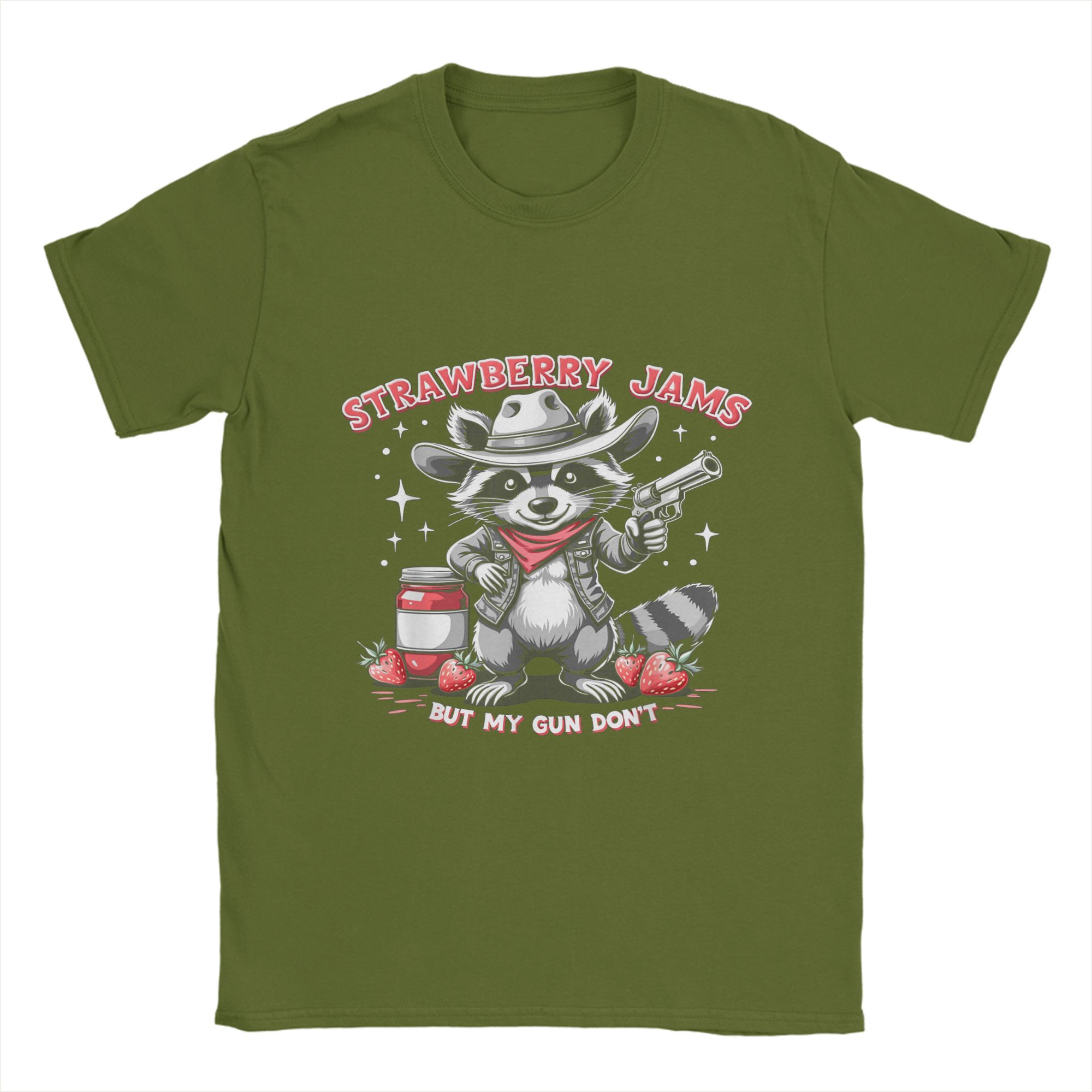 

Strawberry Jams But My Don t Funny Raccoon T Shirt for Men Pure Cotton Novelty T-Shirt O Neck Tees Short Sleeve Tops 6XL 4XL