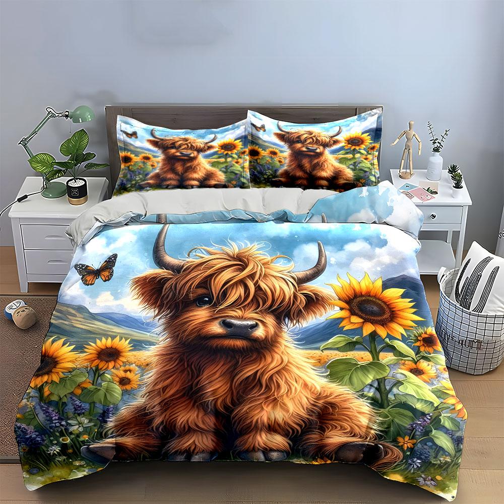 "Highland Cow and Sunflowers" Bedding Duvet Cover Set Duvet Cover Pillowcases (1 * Duvet Cover 2 * Pillowcases, without duvet insert)