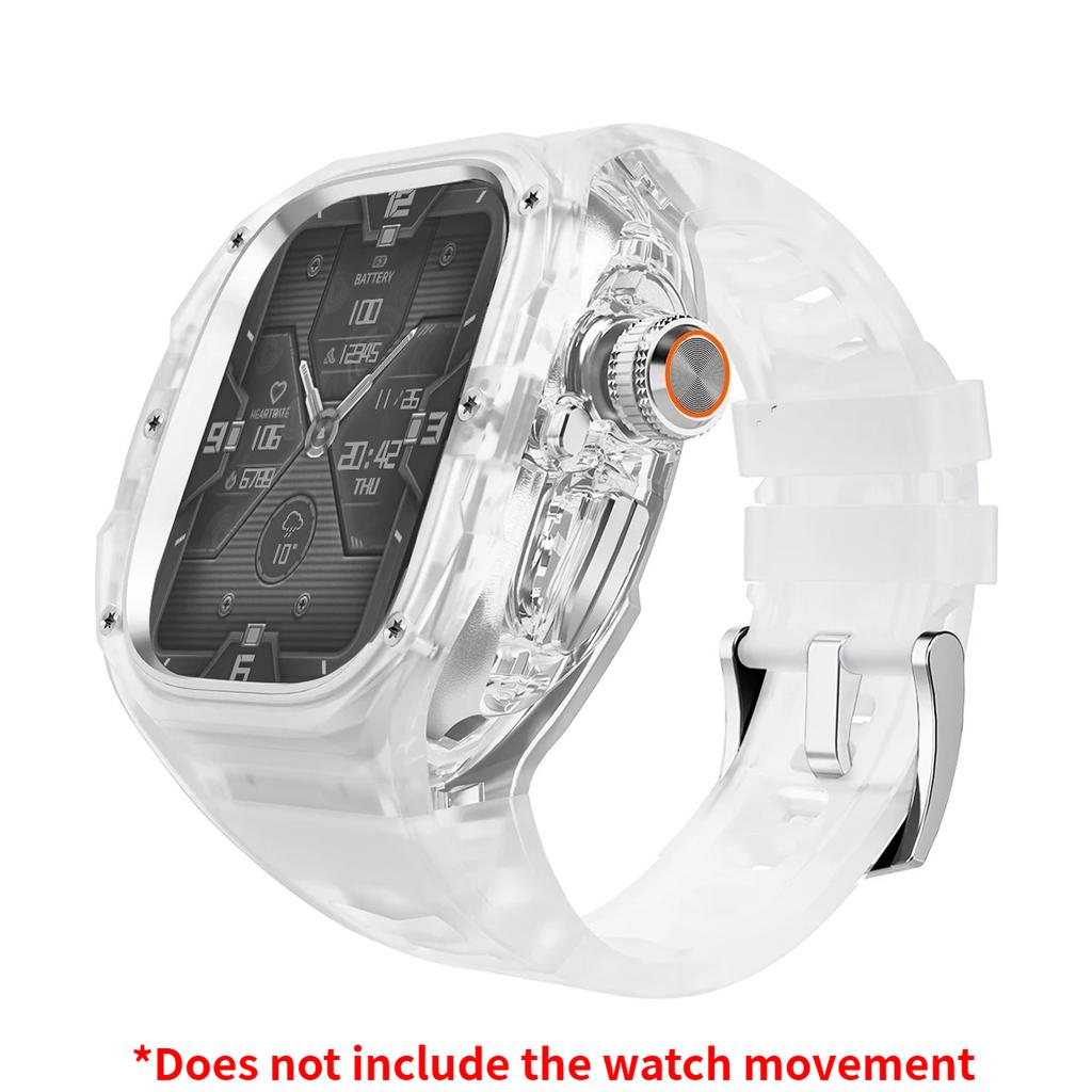 Prabangus modifikacijų rinkinys Apple watch Ultra 3/2/1 49mm Sportinis guminis dirželis+Dėklas Iwatch ultra 49mm Skaidrus Glacier dėklas Modifikavimo rinkinys