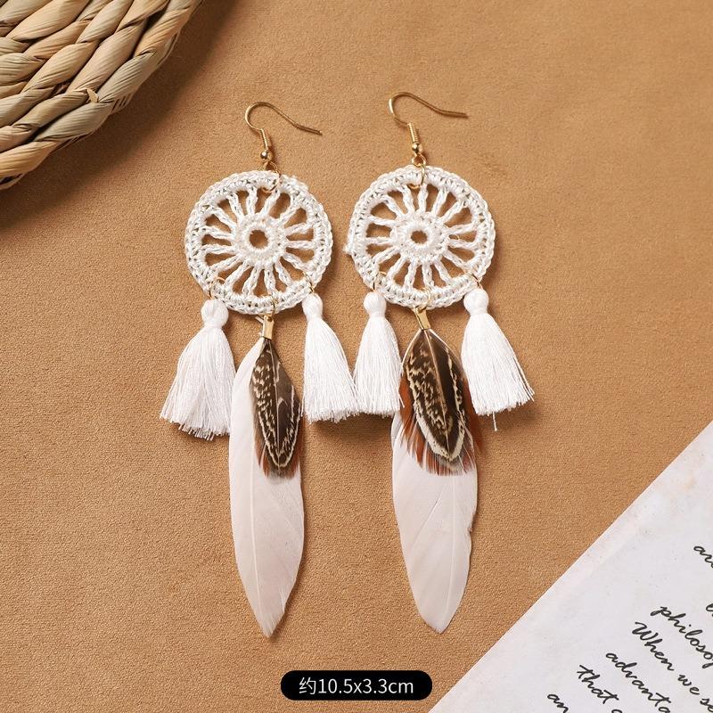 Bohemian Feather Earrings White Long Vintage Personality Tassel Women's Holiday Earrings