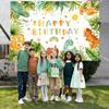 Cute Watercolor Dino Birthday Backdrop, Kids Birthday Photography Background Cloth with Jungle Plants & Volcano